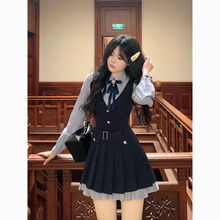 洛斯学院 日系甜美jk制服假两件百褶连衣裙西装外套学院风套装春