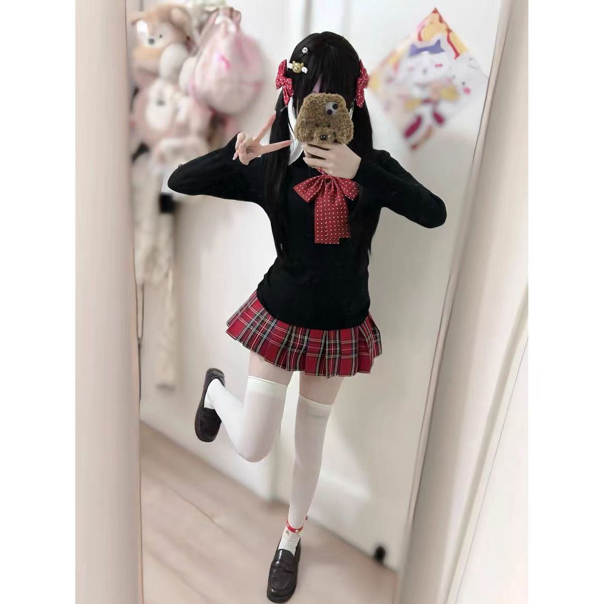 新款日系学院风jk制服小辣椒格裙套装叠穿长袖套头毛衣校供感短裙