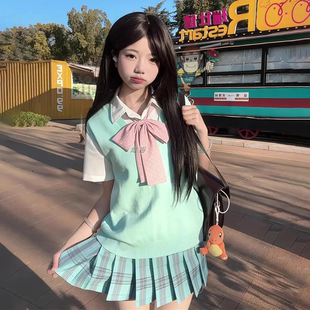 纯色短裙马甲背心套装 璃海 jk日系原创制服JK针织格裙学院无袖
