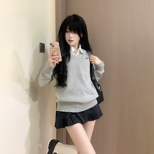 正版jk制服毛衣套装女秋冬款校供针织衫格裙百褶短裙子三件一整套