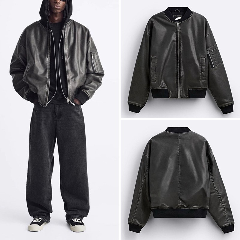 thumbnail for Cabinet 599! Men&#039;s Clothing 2024 Winter Retro Biker Style Pu Faux Leather Bomber Jacket Coat 3427321