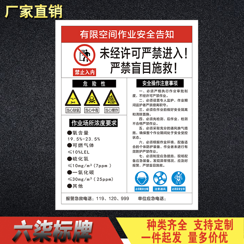有限空间作业安全告知警告牌标识标志安全提示牌标牌严禁盲目施救