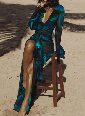 过渡性感蓝色印花显白比基尼长袍罩衫沙滩度假过膝连衣裙派对长裙