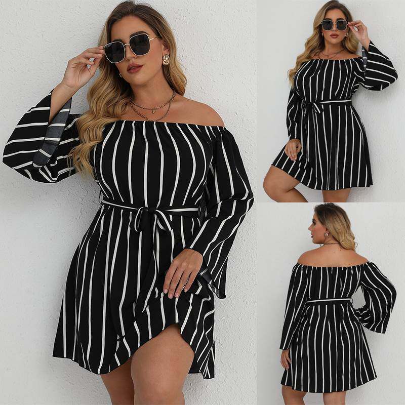 fat women striped dress 2022夏季新款欧美时尚一字领条纹连衣裙