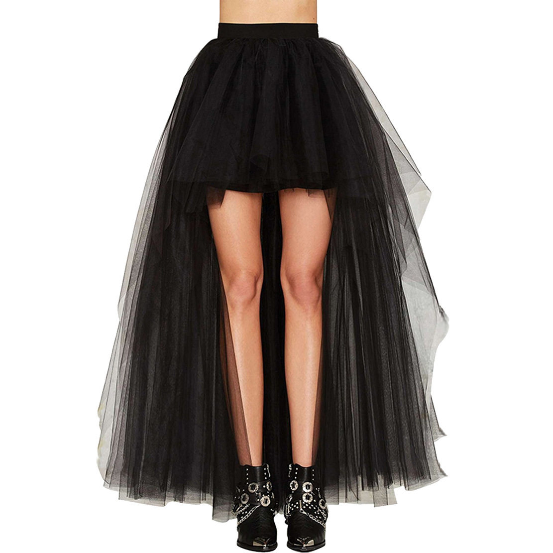 AMAZON2024女装新款欧美性感黑色网纱前短后长蓬蓬半身裙