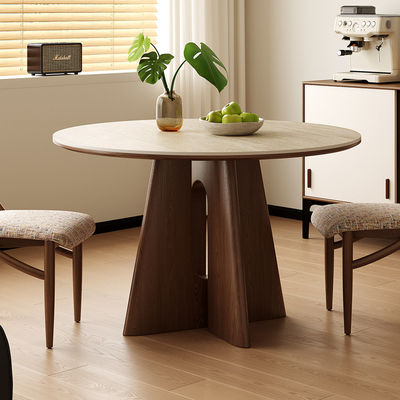 2026新款圣康洞石岩板实木圆桌中古风高级感家用小户型圆形餐桌椅