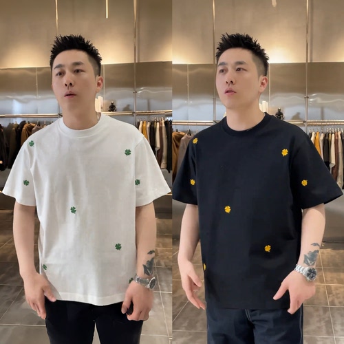 四叶草刺绣圆领短袖高级潮牌T恤