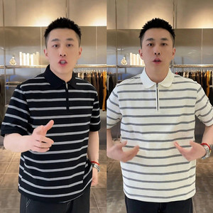 夏季新款条纹半拉链Polo衫短袖男士时尚宽松高档商务休闲半袖T恤