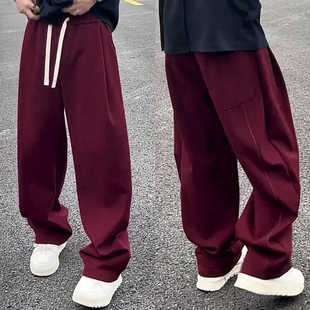 高档宽松垂感哈伦直筒休闲阔腿裤 男士 春秋安可拉红潮流明线弯刀裤