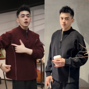 冬季新款加绒明线半拉链立领卫衣男士高级感时尚百搭宽松休闲上衣