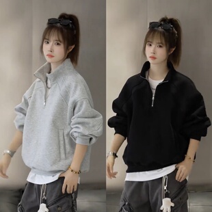 潮牌拼接半拉链卫衣男简约时尚 保暖运动情侣百搭休闲上衣 新款 春季