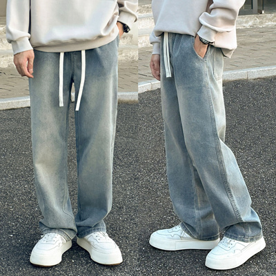 复古蓝长裤牛仔裤阔腿裤水洗