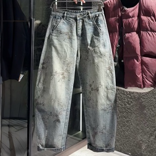 宽松百搭直筒休闲长裤 男潮牌时尚 复古提花水洗弯刀牛仔裤 2026春季