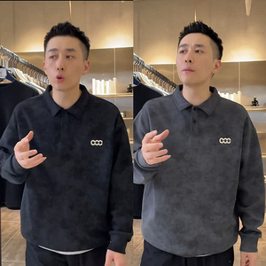秋冬新款时尚扎染刺绣翻领卫衣男士潮牌加绒宽松百搭休闲长袖上衣