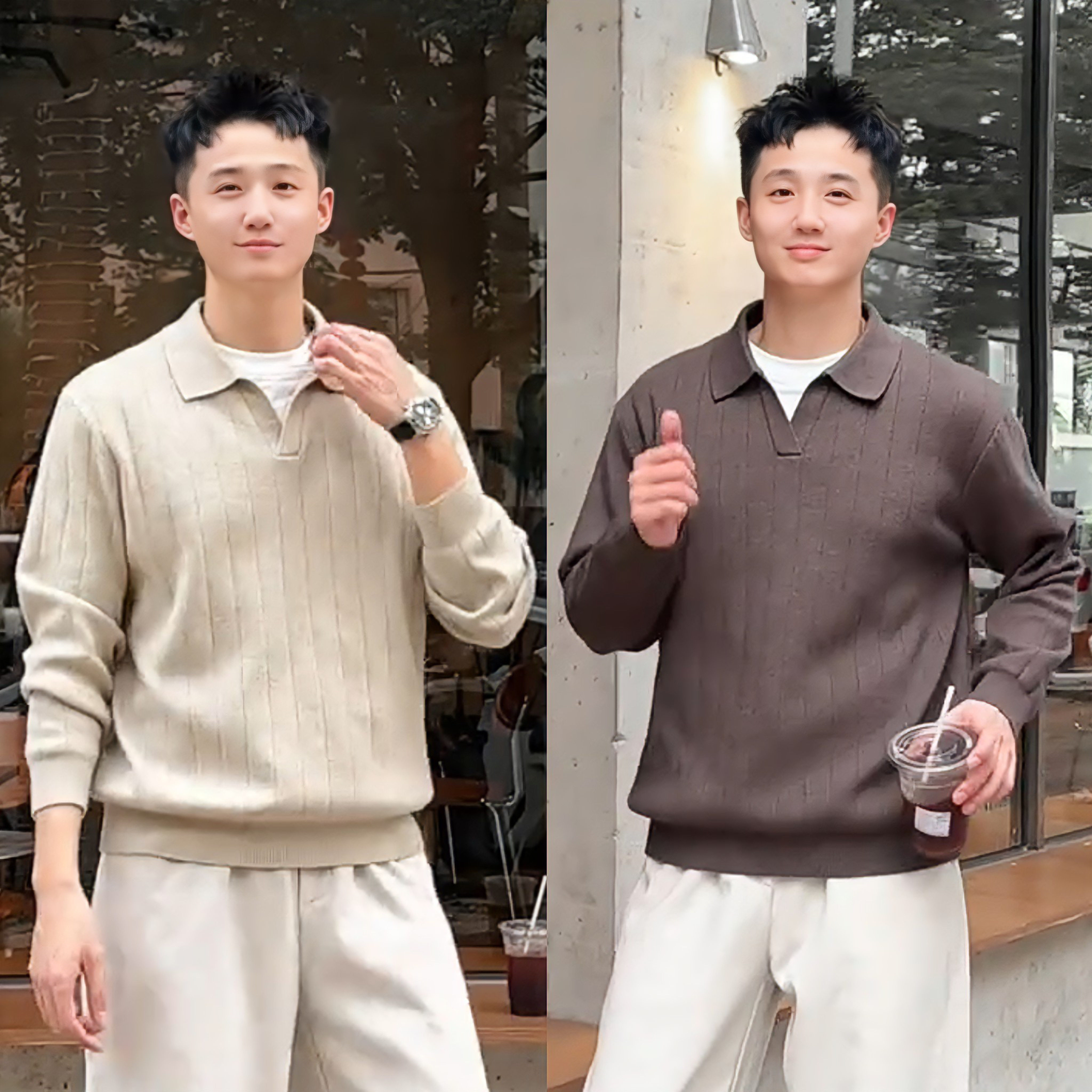 秋冬高档假两件翻领长袖毛衣男高智感简约百搭保暖休闲针织上衣