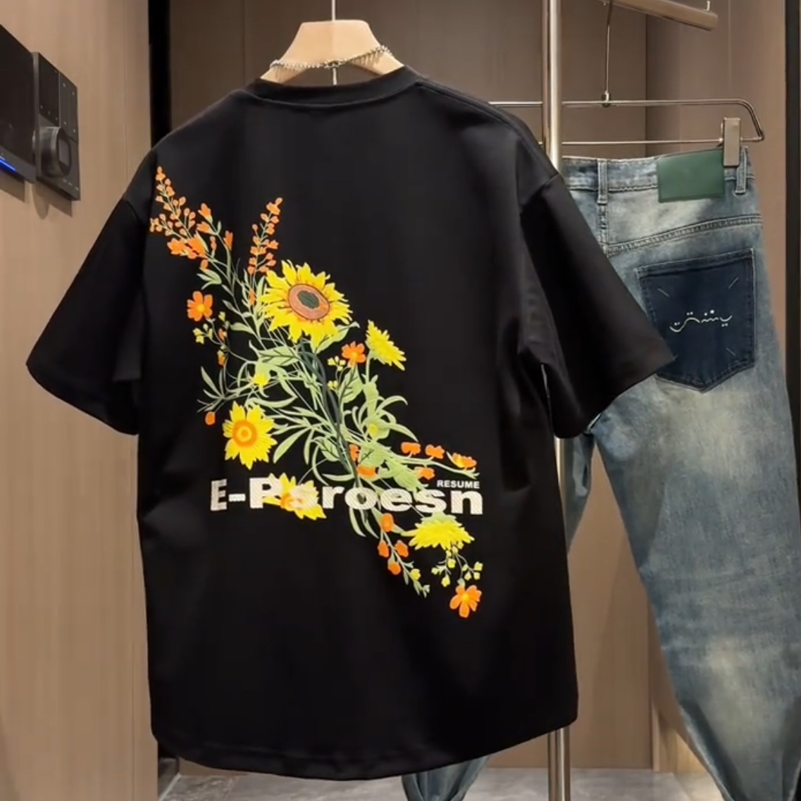 夏季新款刺绣向日葵变色潮牌圆领短袖男时尚宽松百搭痞帅休闲T恤