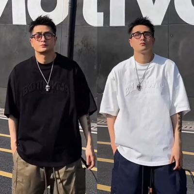 潮牌美式刺绣圆领短袖蝙蝠袖T恤