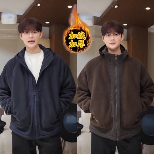 秋冬新款 百搭保暖休闲棉服 加厚摇粒绒连帽夹克外套男简约拼接时尚