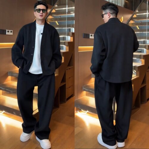 高档简约毛呢休闲套装长裤两件套