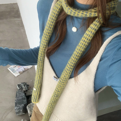 细格纹针织窄条围巾女春秋