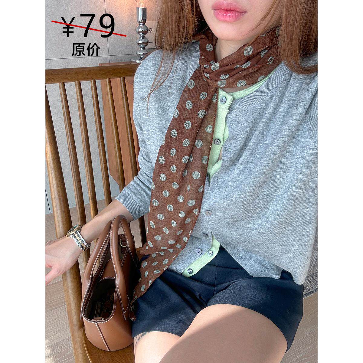 丝巾女新款春夏棕色波点时尚长条高级感百搭法式多用系脖薄款雪纺