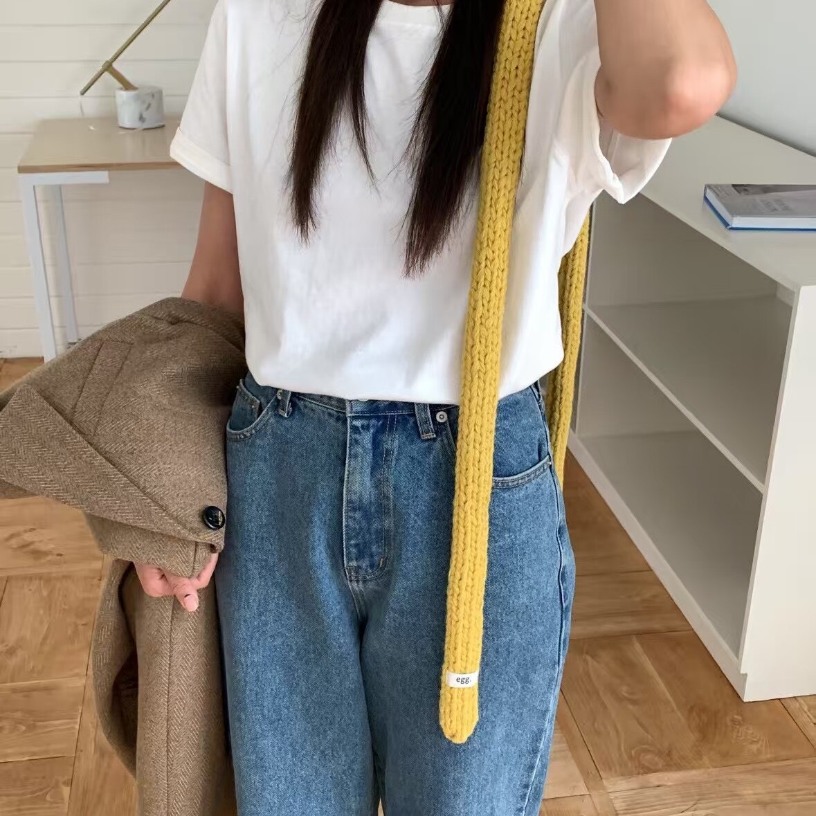 韩版文艺多巴胺纯色细长条针织围巾女秋冬新款甜美腊肠氛围感围脖