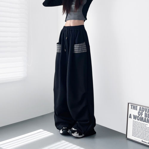 大码软糯宽松显瘦阔腿裤女秋季胖mm设计感拼接格子口袋运动长裤子