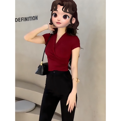 法式气质红色v领短袖T恤女装夏季新款修身显瘦小个子别致绝美上衣