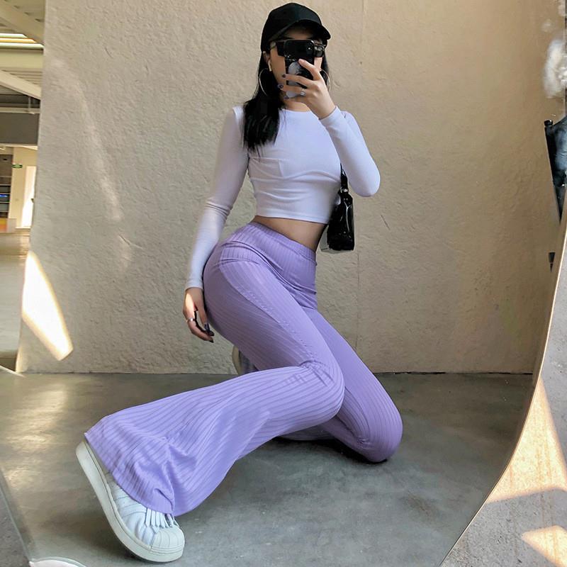 跨境辣妹高腰显瘦微喇纯色休闲裤女2022春秋欧美新款女装一件代发