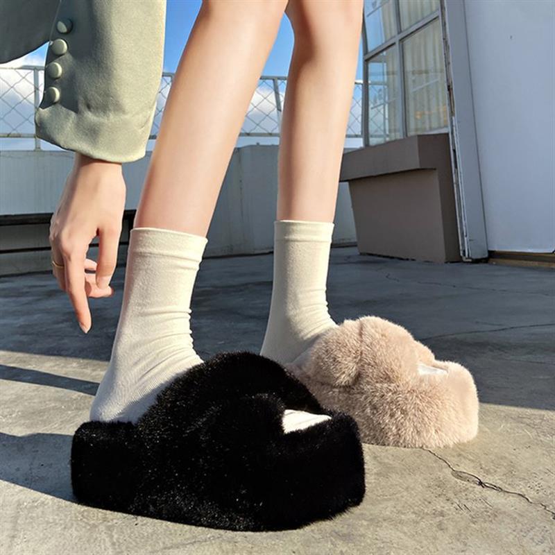 7cm厚底拖鞋秋冬新款保暖毛毛拖鞋交叉女加绒室内拖外穿女棉拖