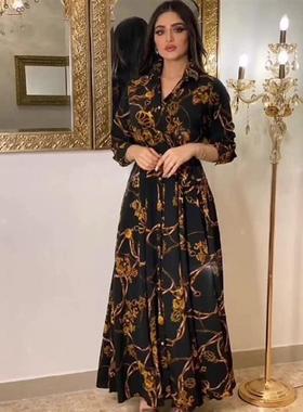 2024跨境春秋新款MUSILIN女装尚中东民族优雅连衣裙复古印花长袍