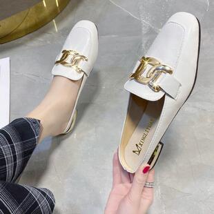 2024新款时尚休闲小皮鞋女英伦风金属扣圆头平底单鞋韩版包头半拖