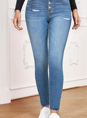 PD08281#wish跨境ebay亚马逊欧美时尚潮流修身破洞弹力牛仔长裤女