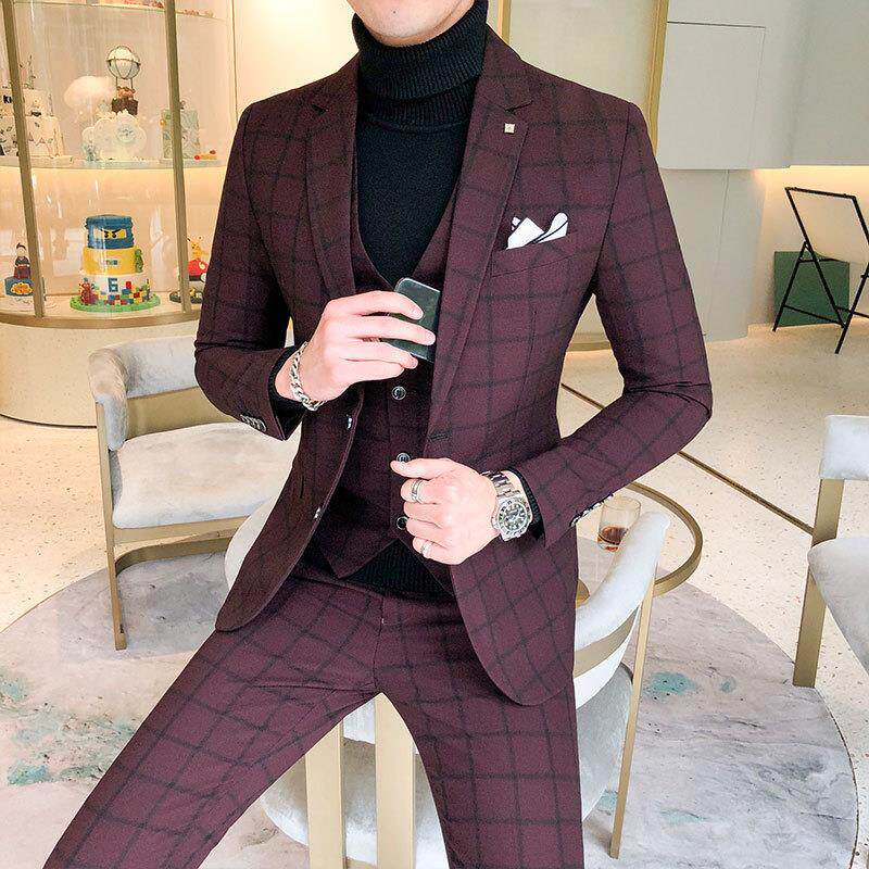男士西服套装晚礼服宴会婚礼格子设计西装套装休闲商务三件套TZ94