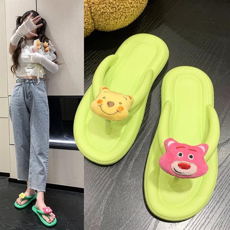 网红卡通拖鞋女2023夏季糖果色夹脚人字平底小熊时尚凉拖外穿