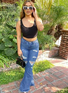 ZT60381 欧美女装牛仔裤亚马逊WISH速卖通显瘦时尚破洞牛仔马蹄裤