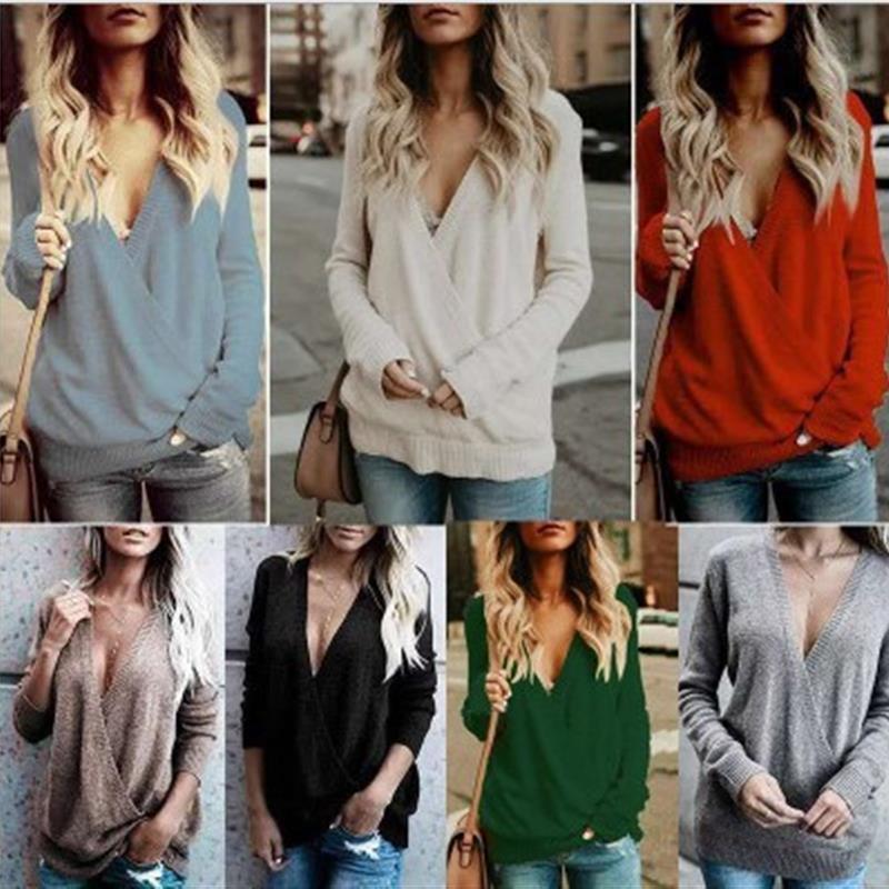 2021欧美秋冬爆款ebay亚马逊wish毛织长袖大V领拼接罗纹交叉上衣