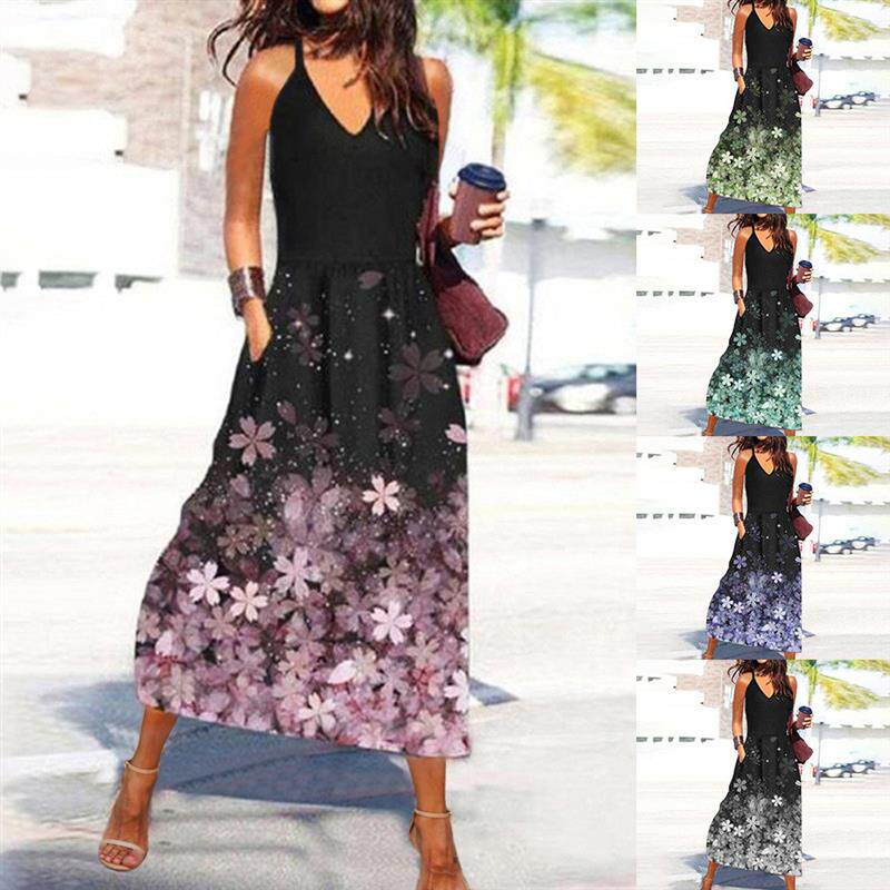 2022欧美女装新款 亚马逊独立站爆款花卉印花中长裙子吊带连体裙