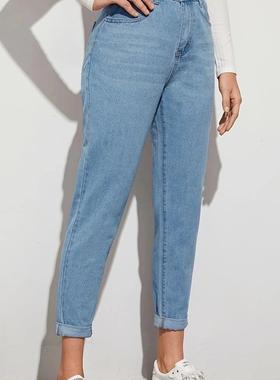 PD08297#新款欧美跨境牛仔裤wish 女装高腰修身牛仔裤外贸妈妈裤