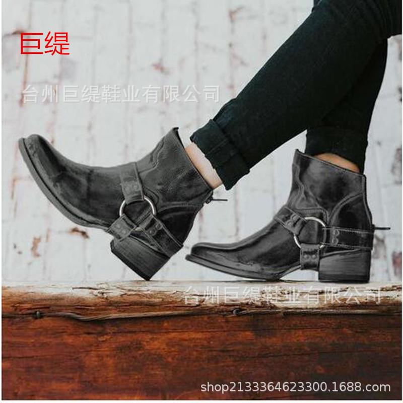 巨缇台州现货外贸大码wish2019春季皮带扣粗跟短靴女式皮靴