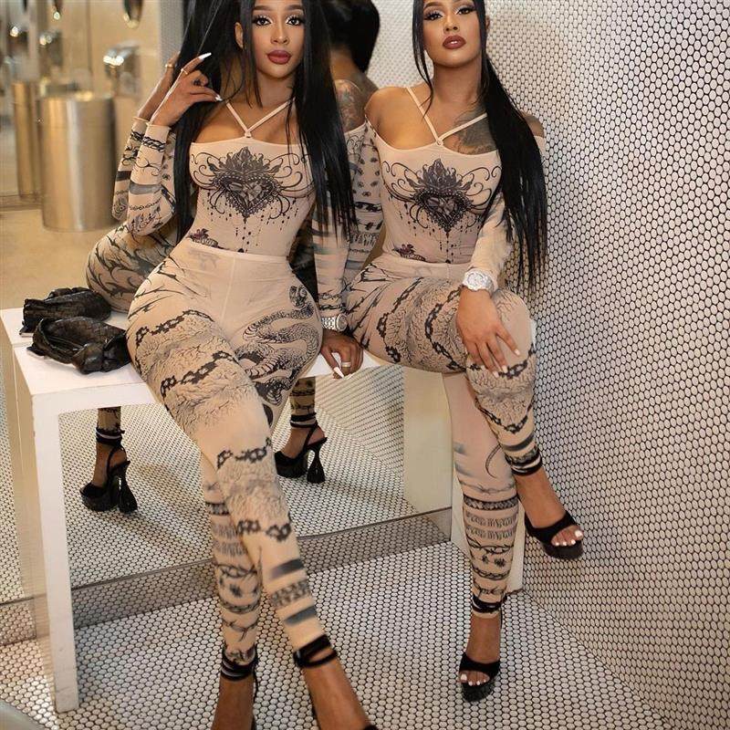 欧美2023秋季新款女装性感一字肩网纱印花连体上衣高腰长裤套装女
