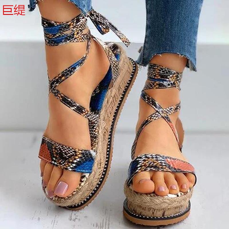 2021夏季新款巨缇Shoes 外贸女鞋wish厚底麻绳脚环绑带女式凉鞋