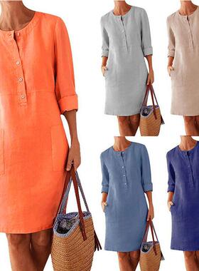 2020新款亚马逊速卖通大码女装 棉麻圆领长袖连衣裙