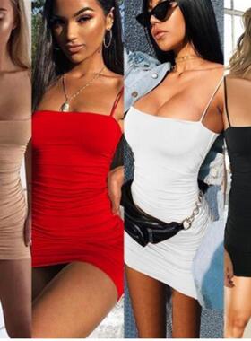 2021 亚马逊WISH跨境女装 欧美夏季性感吊带褶皱包臀夜店连衣裙