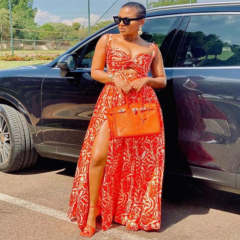 S9307 2024跨境夏季新款欧美女装时尚性感连衣裙吊带印花开叉长裙