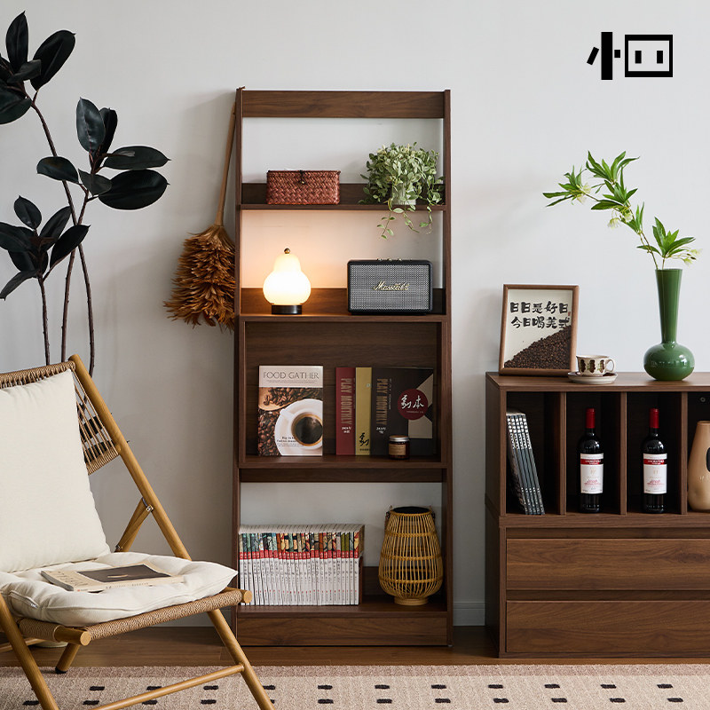 小四实木置物架中古书架胡桃木覆古展示架杂志架客厅落地陈列架