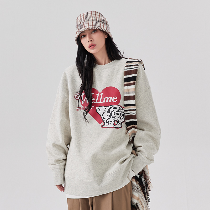 WELLME毛圈北极熊印花圆领卫衣潮