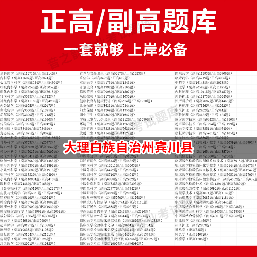大理白族自治州宾川县医学高级职称副高正高级考试宝典题库卫生高级职称历年真题护理学教材妇产科副主任医师护师中医内科学超声医
