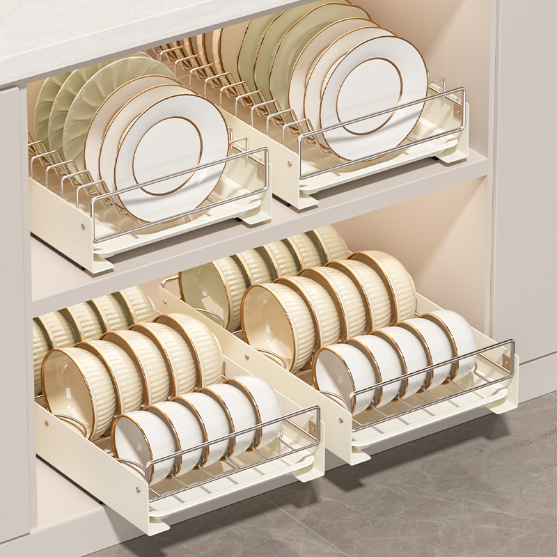 厨房不锈钢碗碟收纳架橱柜内抽拉式沥水碗架盘子置物架抽屉式拉篮