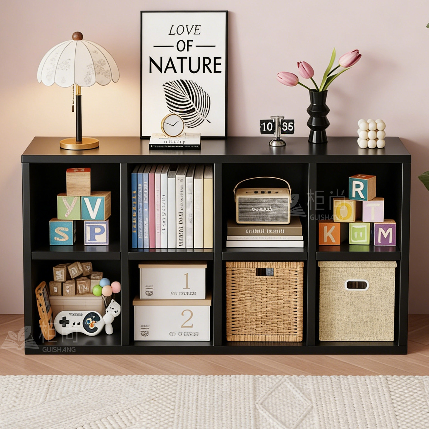 卡莱克同款格子柜幼儿园书架落地置物架一体靠墙黑色儿童矮书柜